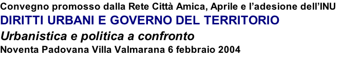 Convegno promosso dalla Rete Città Amica, Aprile e l’adesione dell’INU DIRITTI URBANI E GOVERNO DEL TERRITORIO Urbanistica e politica a confronto  Noventa Padovana Villa Valmarana 6 febbraio 2004